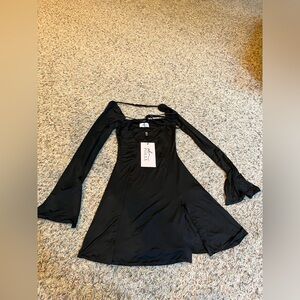 OH POLLY SALOME BLACK DRESS, LONG SLEEVE CROSS OVER MINI DRESS